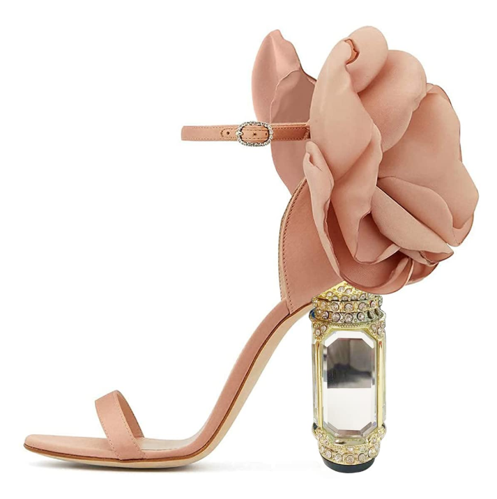 Blush Satin Floral Sandals Crystal Decorative Heel Bridal Shoes |FSJ Shoes