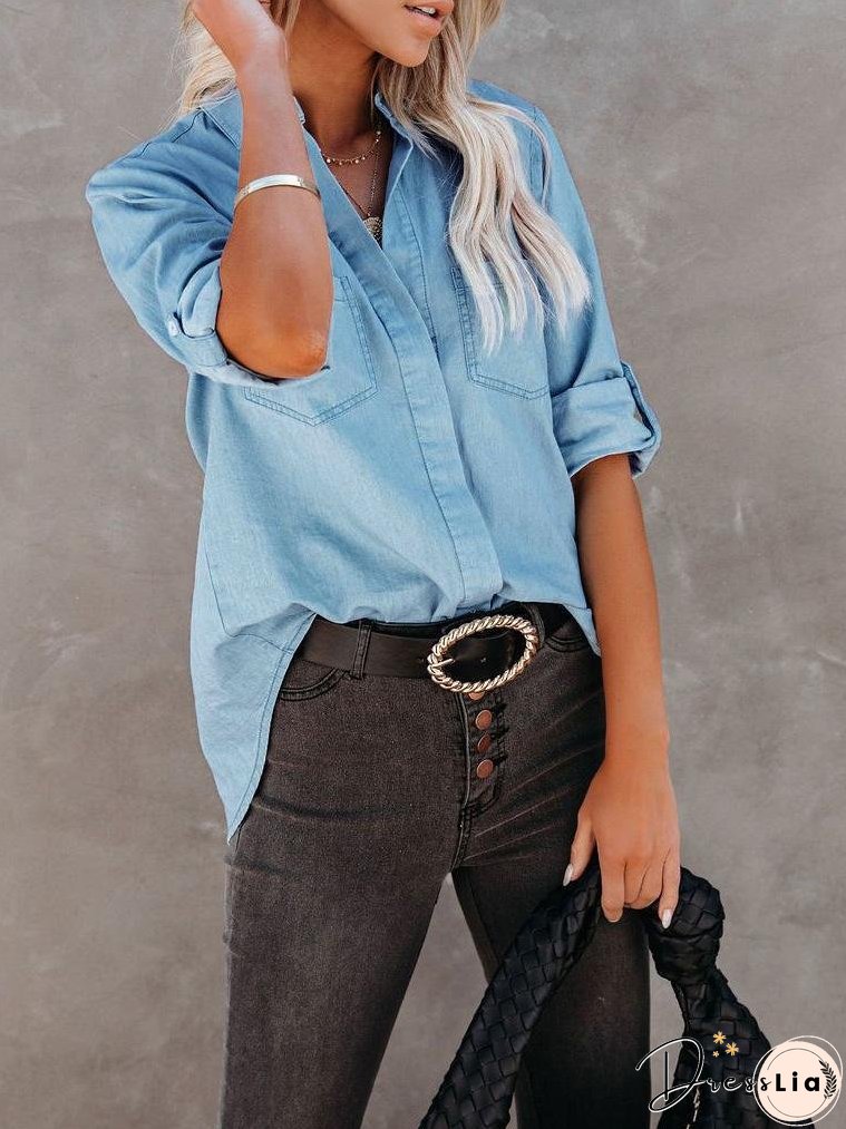 Women's Blouses Temperament Long Sleeve Button Denim Blouse
