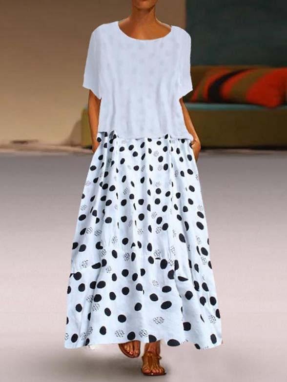 Women's Short Sleeve Scoop Neck Polka Dots Printed Midi Dress With Pockets