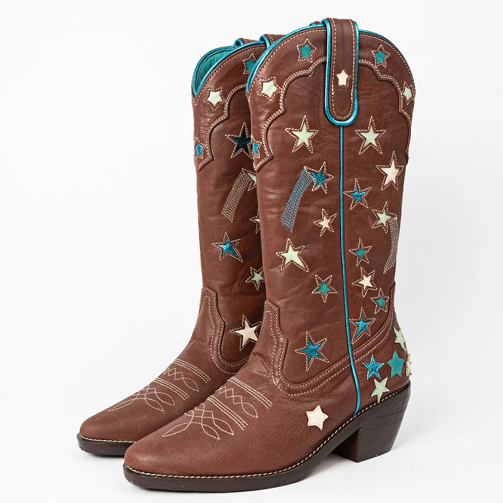 Brown Star Inlay Closed-Toe Stitching Wide Calf Cowgirl Boots