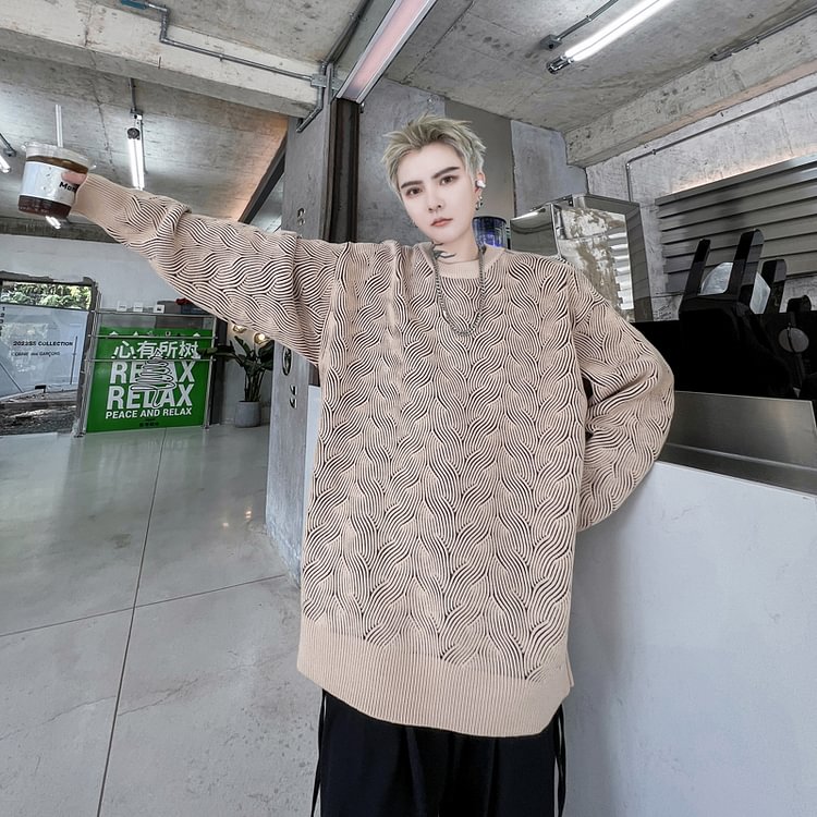 Dawfashion-Geometric Pattern Twist Colorblock Loose Pullover Thick Sweater-Yamamoto Diablo Clothing