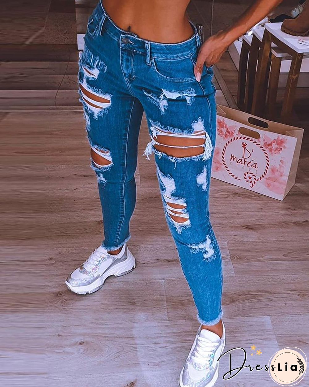 Cutout Fringe Hem Denim Pants