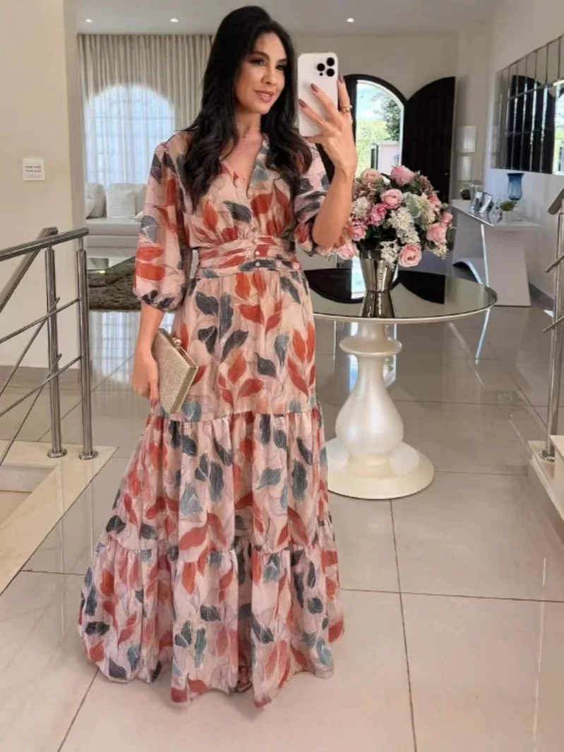 Nigikala Nigikala Women's Summer New V-Neck Fashion Elegant Print Long Dress Dress Woman