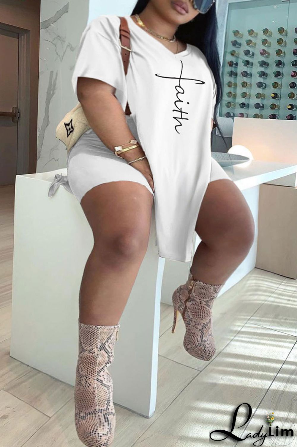 White Fashion Casual Print Slit V Neck Plus Size Two Pieces