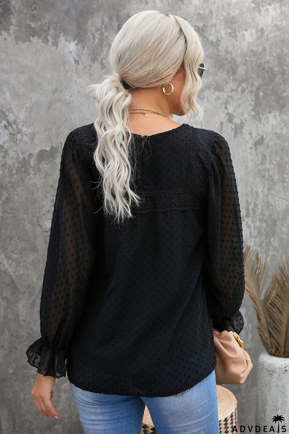 Swiss Dot Hollow Out Ruffle Sleeve Blouse