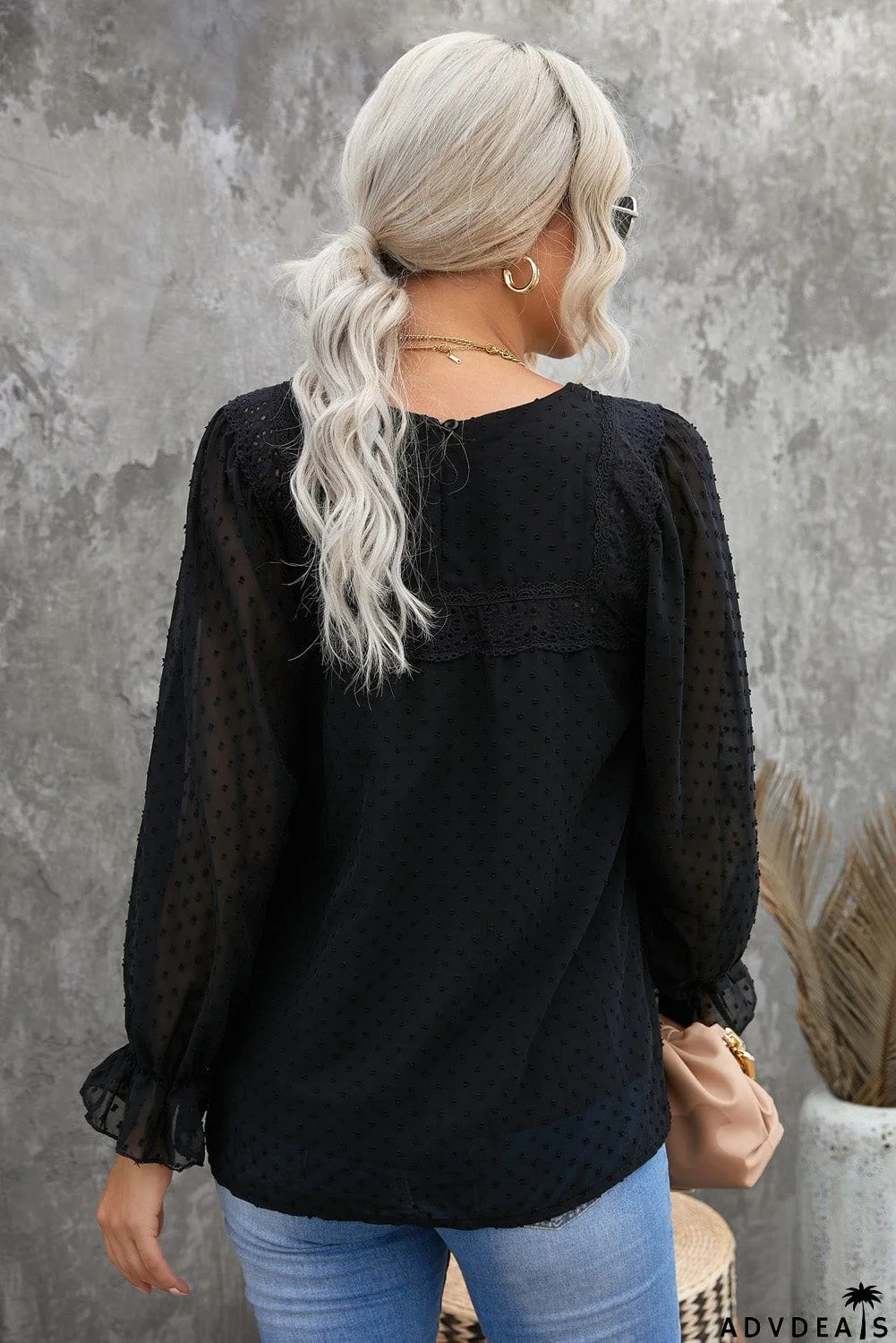 Swiss Dot Hollow Out Ruffle Sleeve Blouse