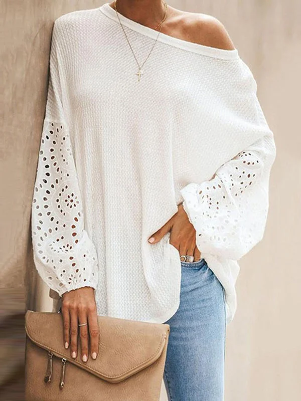 Hollow Solid Color Long Sleeves Loose Round-Neck T-Shirts Tops