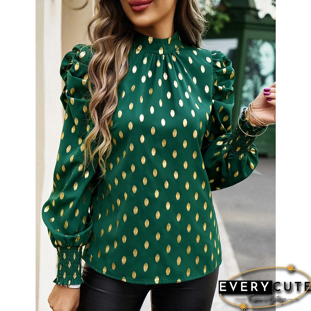 Green Polka Dot Pleated Cuffs Long Sleeve Tops