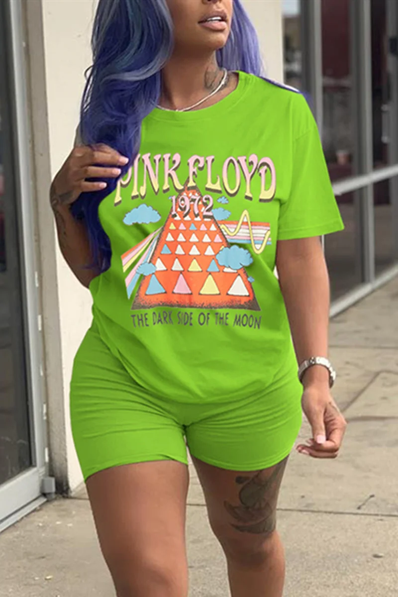 Light Green Fashion Casual Printed Short Sleeve Shorts Set | EGEMISS