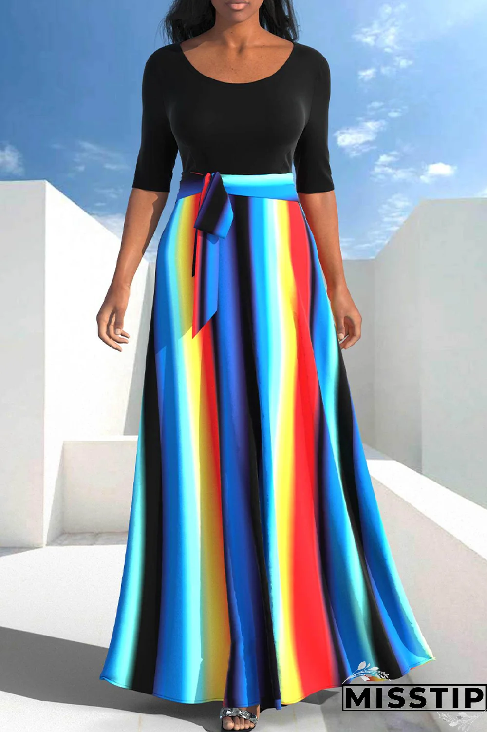 Blue Black Casual Patchwork Tie-dye O Neck Dresses