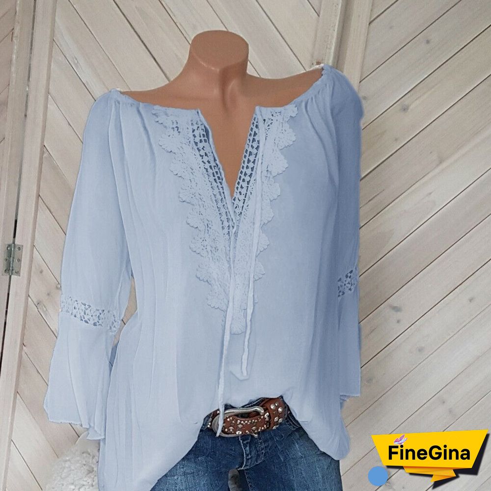 5XL Plus Size Women Casual Blouse Tops V Neck 3/4 Sleeve Loose Lace Blouse