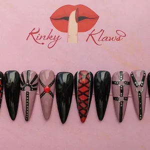 pornhint Pornhint Pleasure or Pain | Bondage themed custom press on gel nail set | hand painted