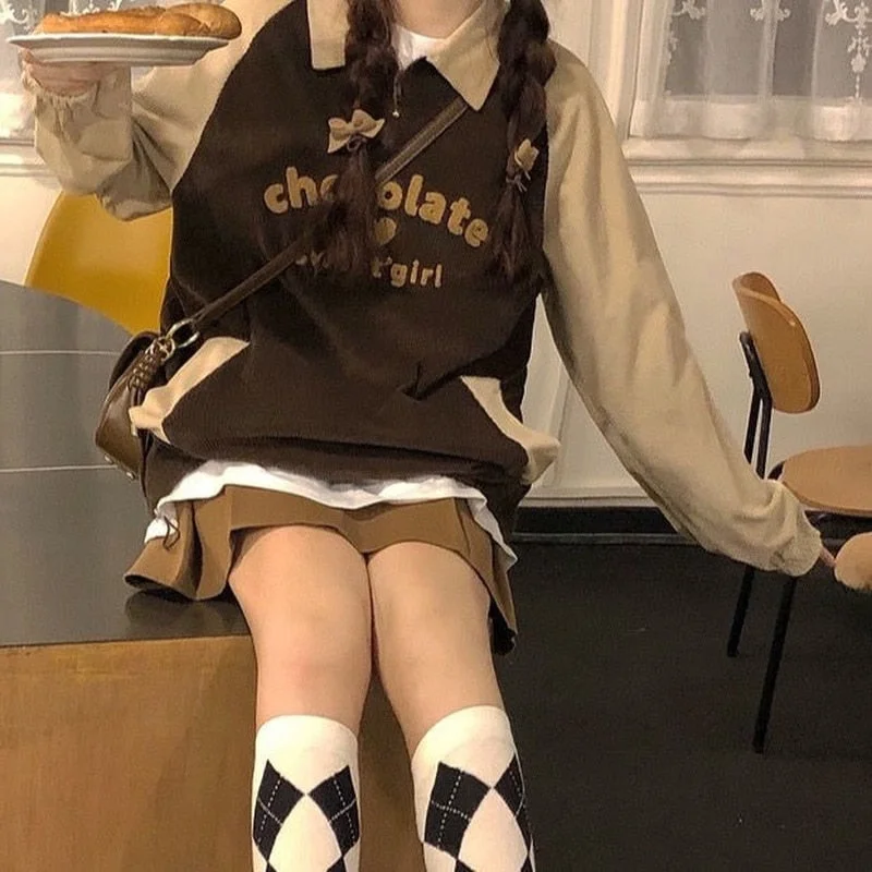 Sonicelife  Kawaii Korean Style Letter Print Brown Oversize Hoodies Women Harajuku Cute Sweatshirt Female Pullover White Tops