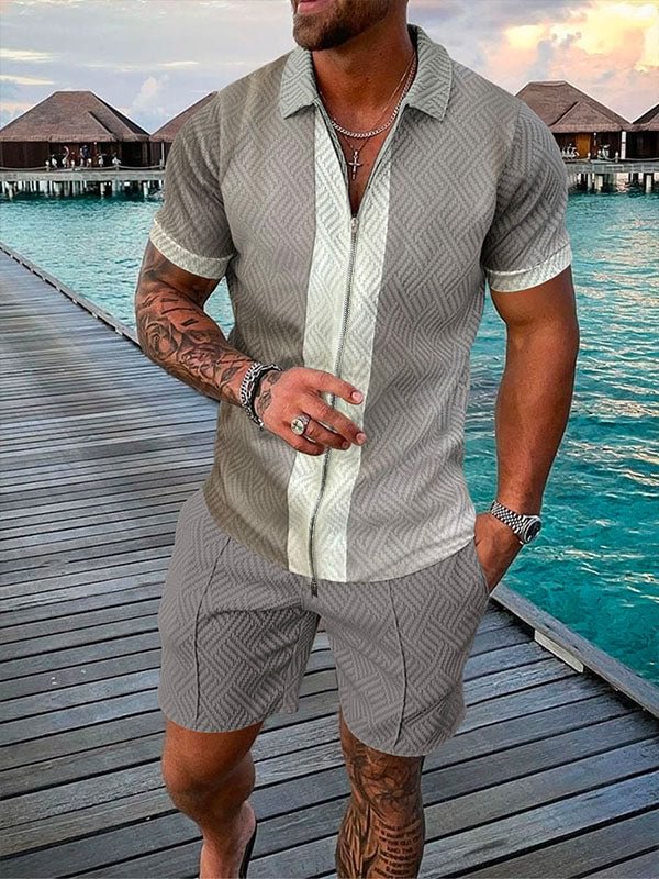 Men's Fashion Vacation Printing Color Contrast Polo Suit