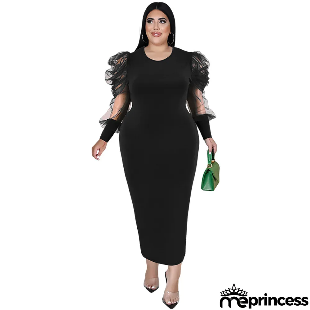 Plus Size Fall Women'S Round Neck Ruched Mesh Long Sleeve Solid Color Long Dress