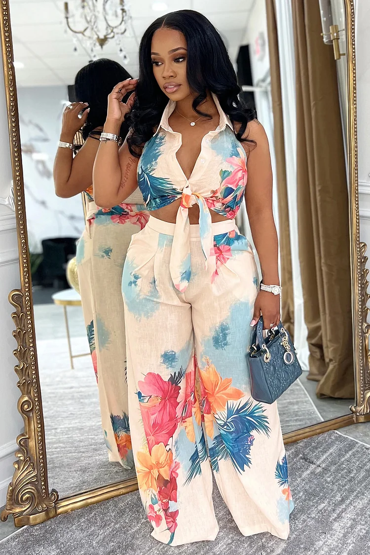Floral Placement Print Knotted Top Wide Leg Pants 2pcs Set-Beige [Pre Order]