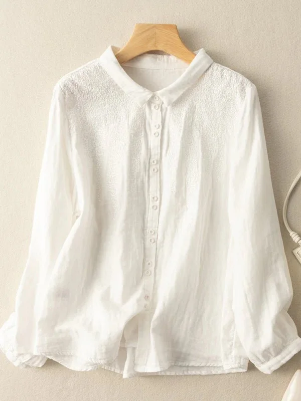 Embroidered Long Sleeve Casual Linen Shirt Top