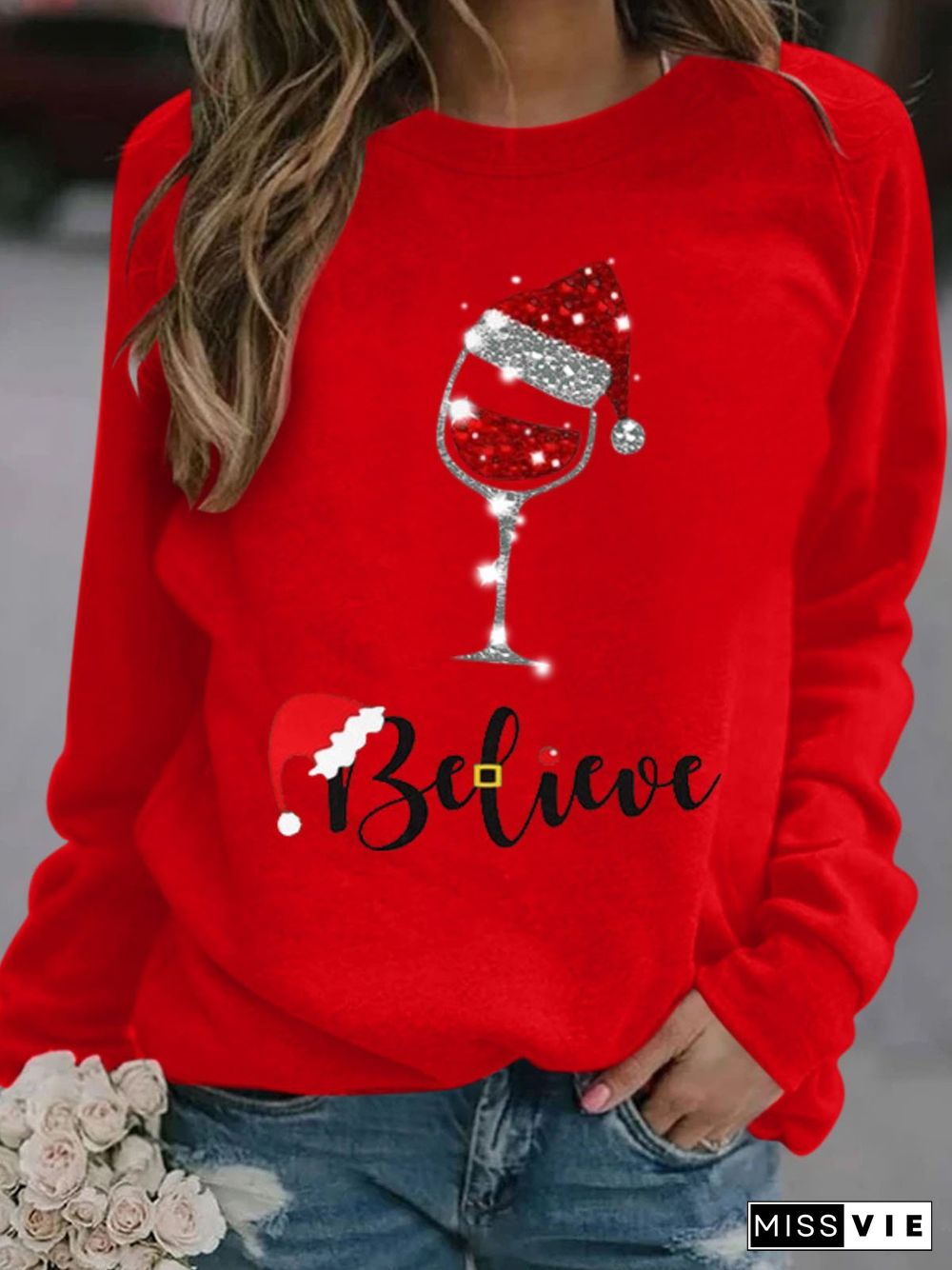Christmas wine glass print T-shirt