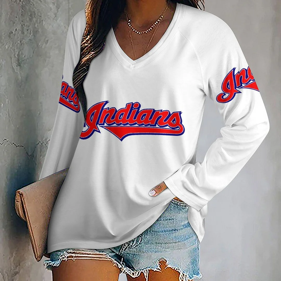 V-neck Long Sleeve Casual T-shirt for  Women and Men Printed with Pattern,Navy,Red,White