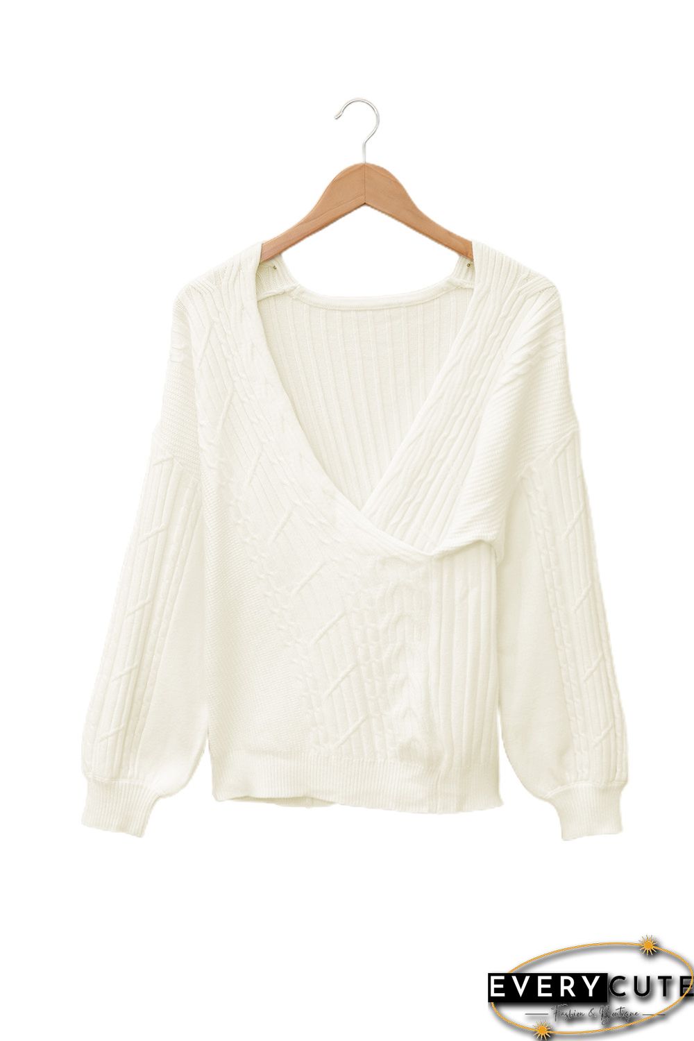 Beige Wrap V Neck Lantern Sleeve Textured Sweater