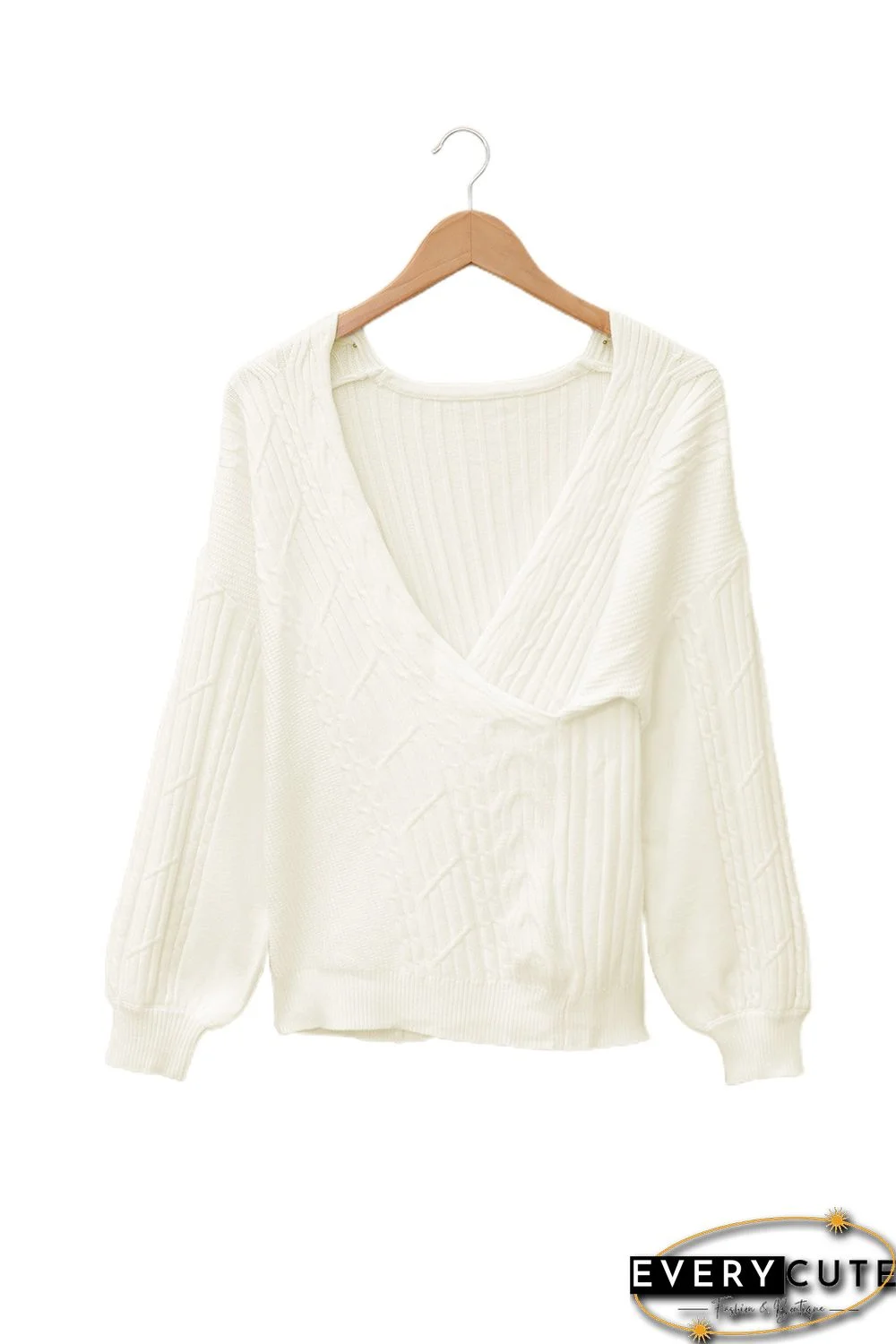 Beige Wrap V Neck Lantern Sleeve Textured Sweater