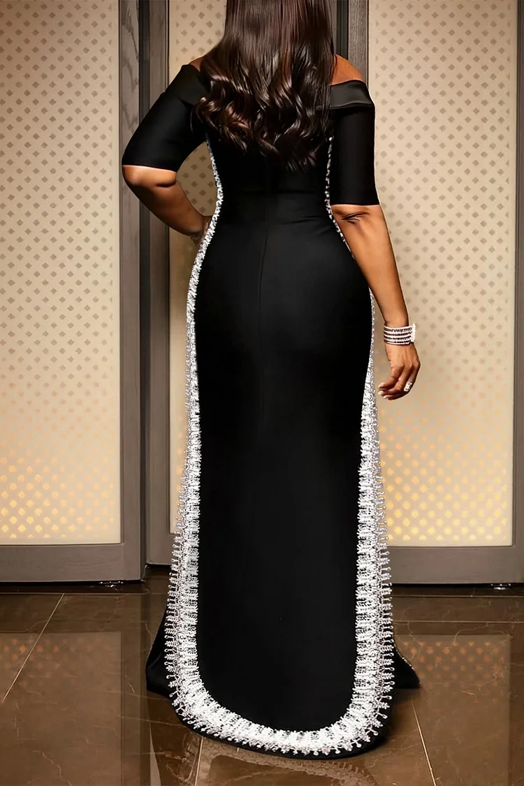 Plus Size Formal Black Elegant Off The Shoulder Short Sleeve Split Satin Maxi Dresses [Pre-Order]