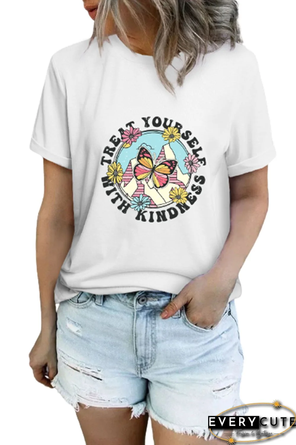 White Treat Yourself with Kindness Butterfly Floral Print Graphic Tee