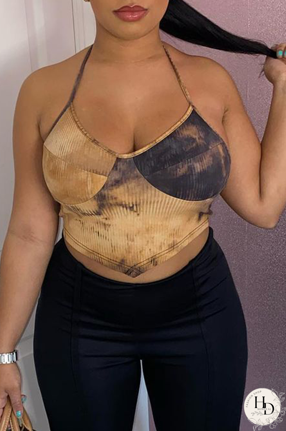 Khaki Sexy Patchwork Tie-dye Halter Tops