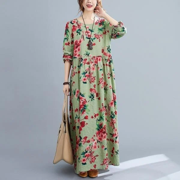 long sleeve plus size cotton linen vintage floral for women casual loose autumn dress