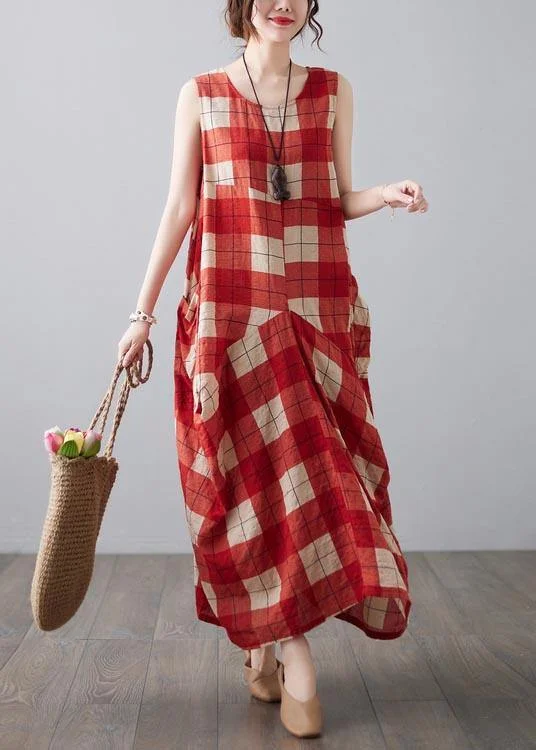 Natural Red Plaid Sleeveless Pockets Summer Dress