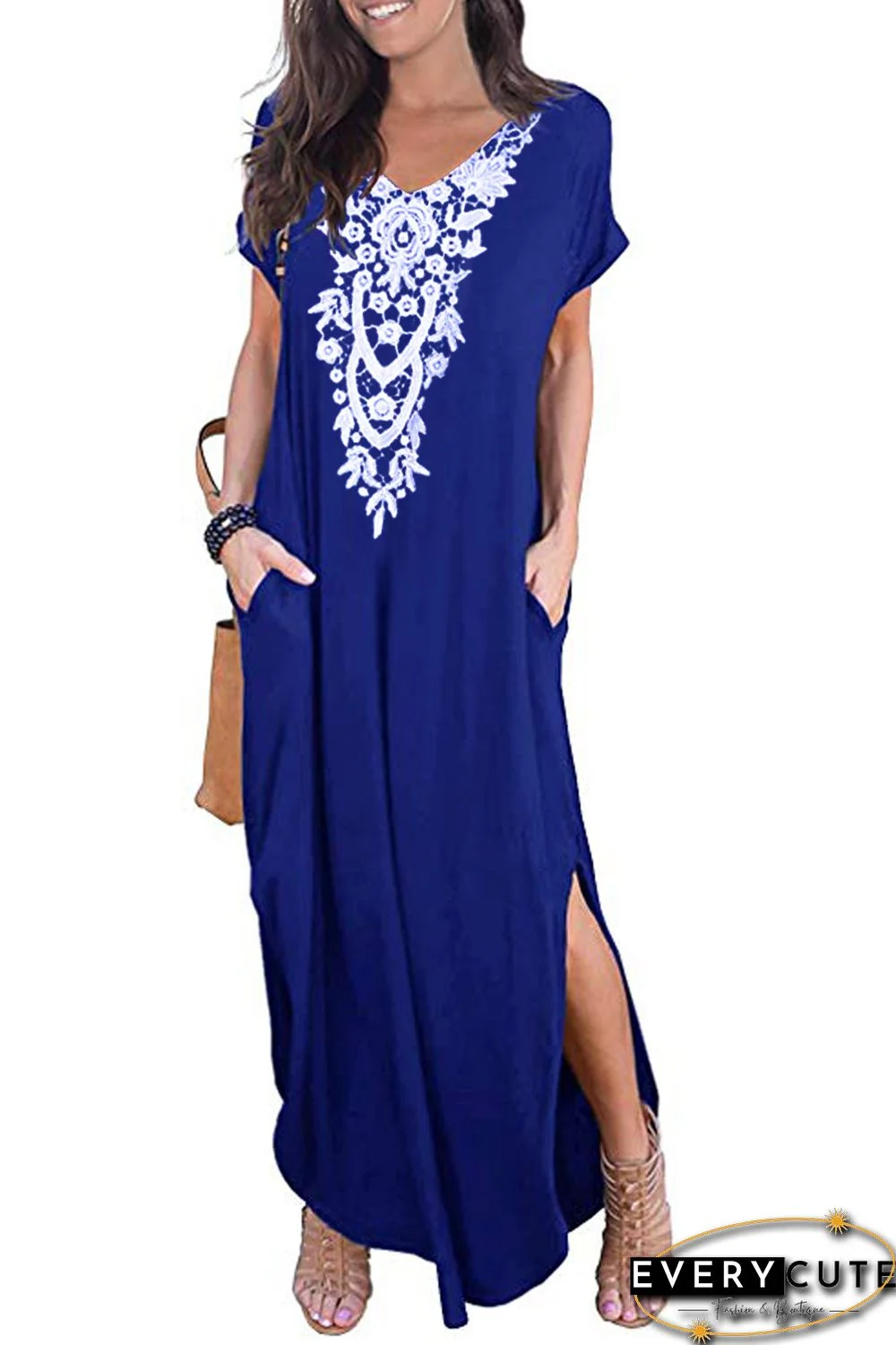 Blue Lace Front Pocket Short Sleeve Split Casual Loose Maxi Dress