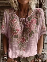 Women's Pink Rose Embroidery Art Round Neck Short Sleeve Linen Blend T-shirt - Image 3