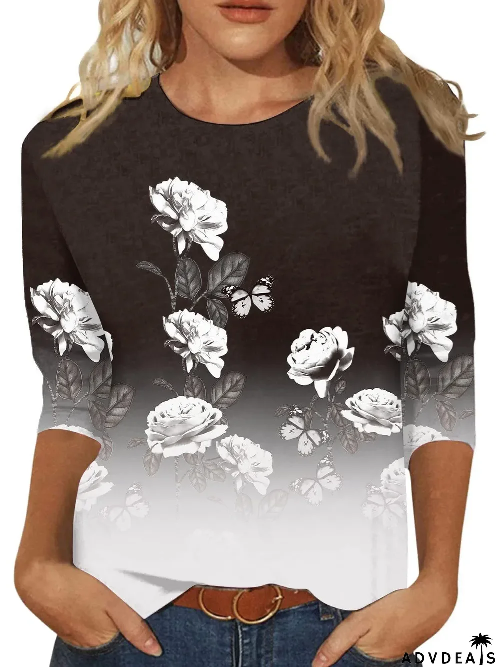 Women's Graphic Pattern Solid Color Scoop Neck 3/4 Sleeve Top