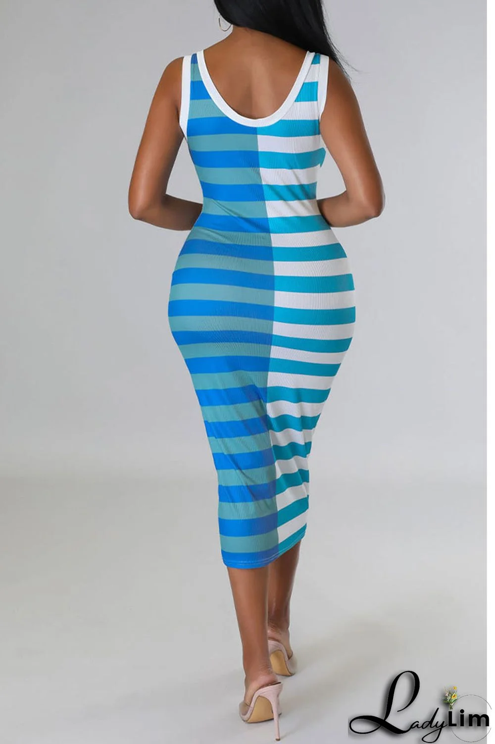 Blue Casual Striped Print Patchwork U Neck Pencil Skirt Dresses