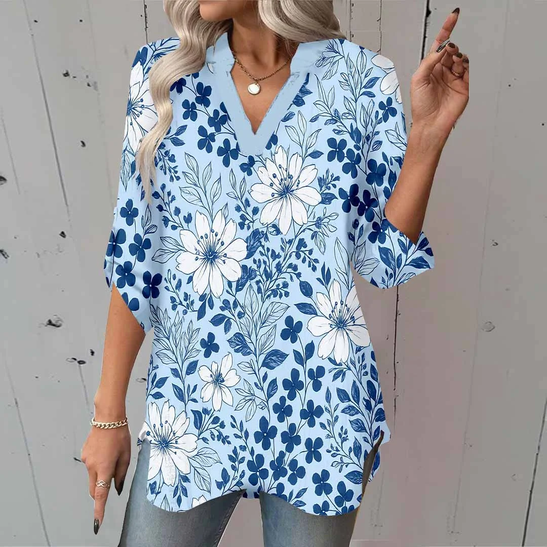 Women Floral, Blue DZGA0351 3/4 Sleeve V-neck Printed Graphic Button Tops