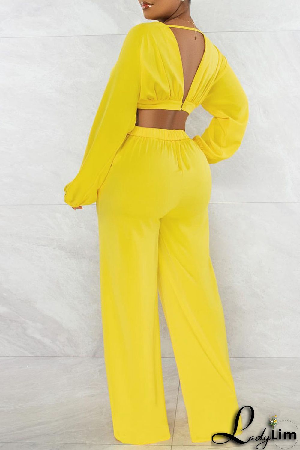 Yellow Sexy Solid Patchwork Backless V Neck Long Sleeve Two Pieces