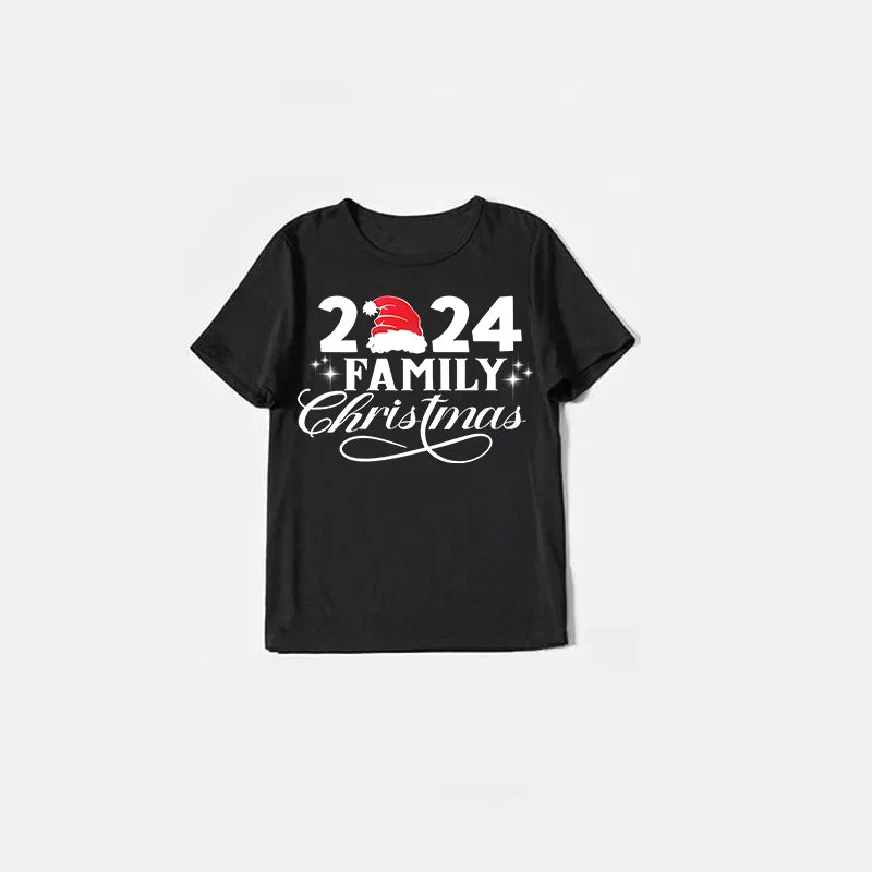 "2024 Family Christmas" Letter Print Black Short Sleeve with Red & Black Plaid Pant Family Matching Pajamas