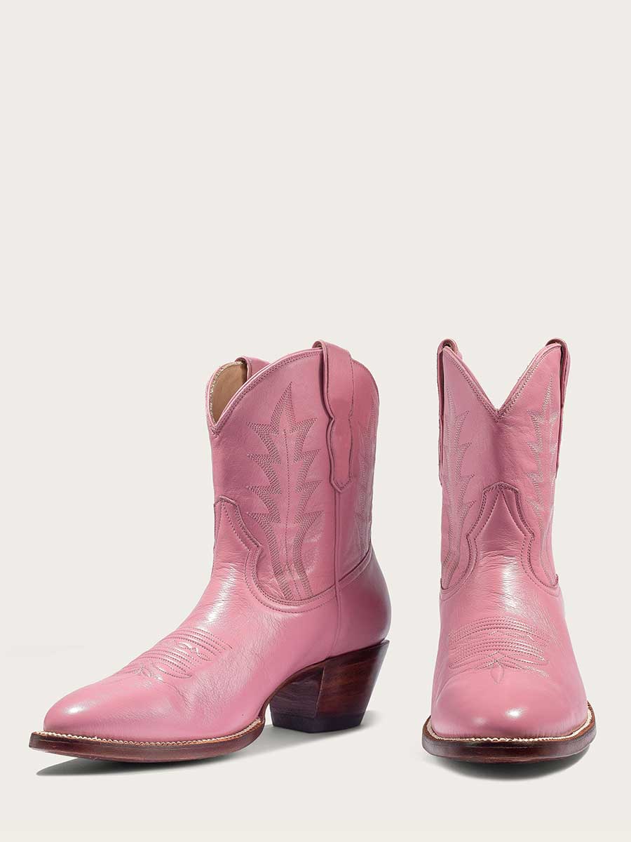 Pink Embroidered Booties Round Toe Chunky Heel Cowboy Boots for Women