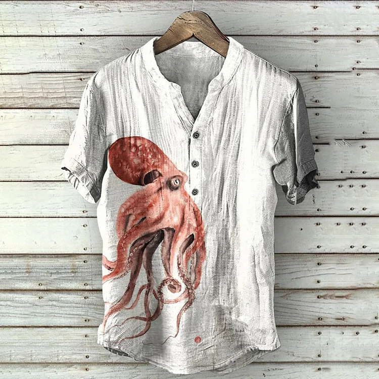 Red Octopus Retro Print Cotton Linen Shirt