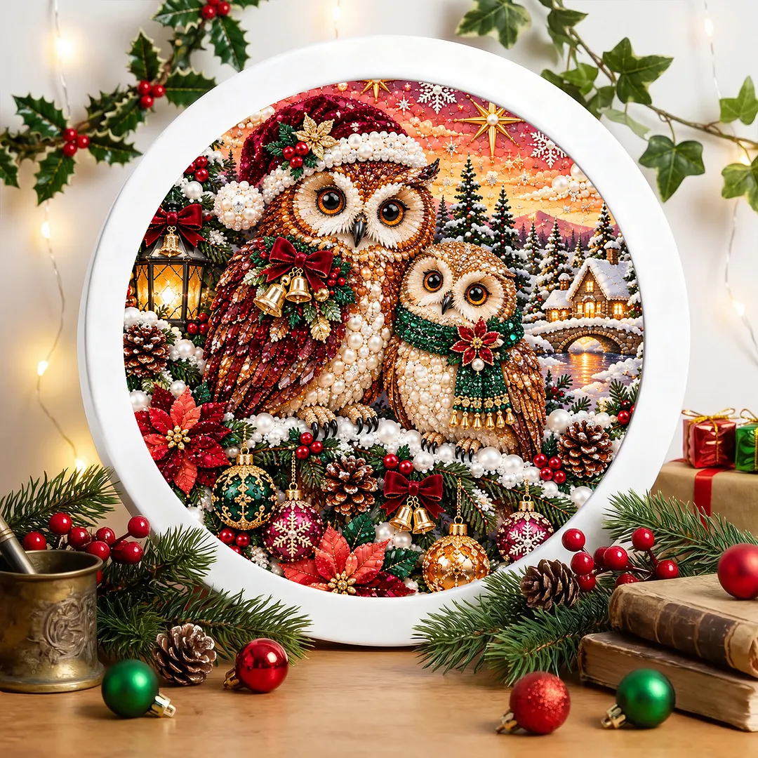 Framed Diamond Painting Christmas Owl Snowman 7.87x7.87in