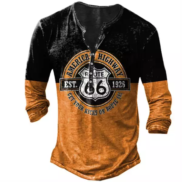 BrosWear Men's Route 66 Colorblock Print Long Sleeve T-Shirt