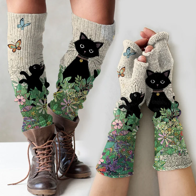 (Ship within 24 hours)Vintage cat floral print knitted leg warmers + fingerless gloves set