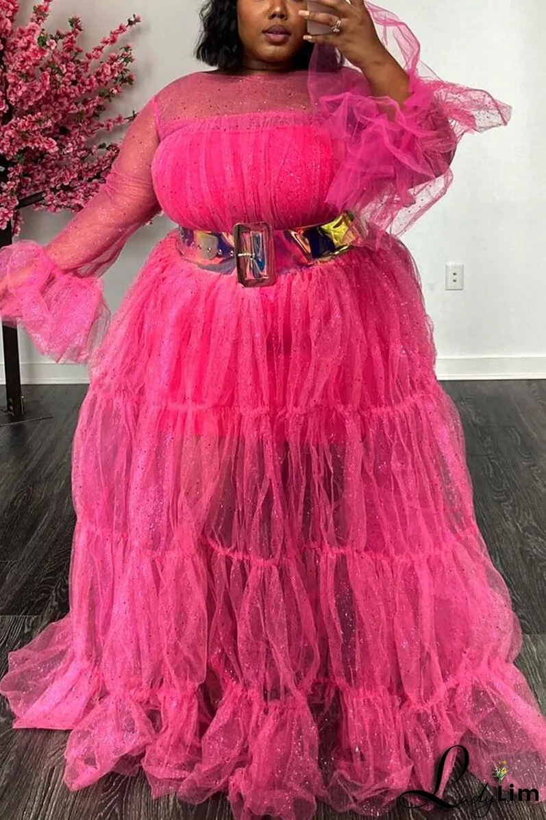 Plus Size Solid Sheer Ruffle Sleeve Maxi Dresses