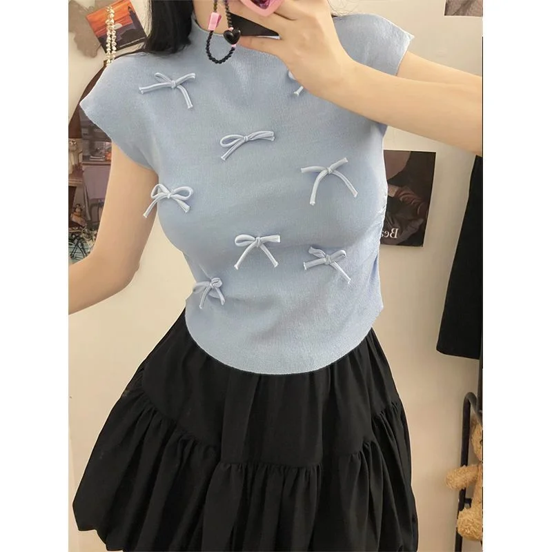Uveng Uveng Wind Gentle Niche Bow High-Neck Short Sleeve New T-Shirt Summer Slimming Short Blouses Ins
