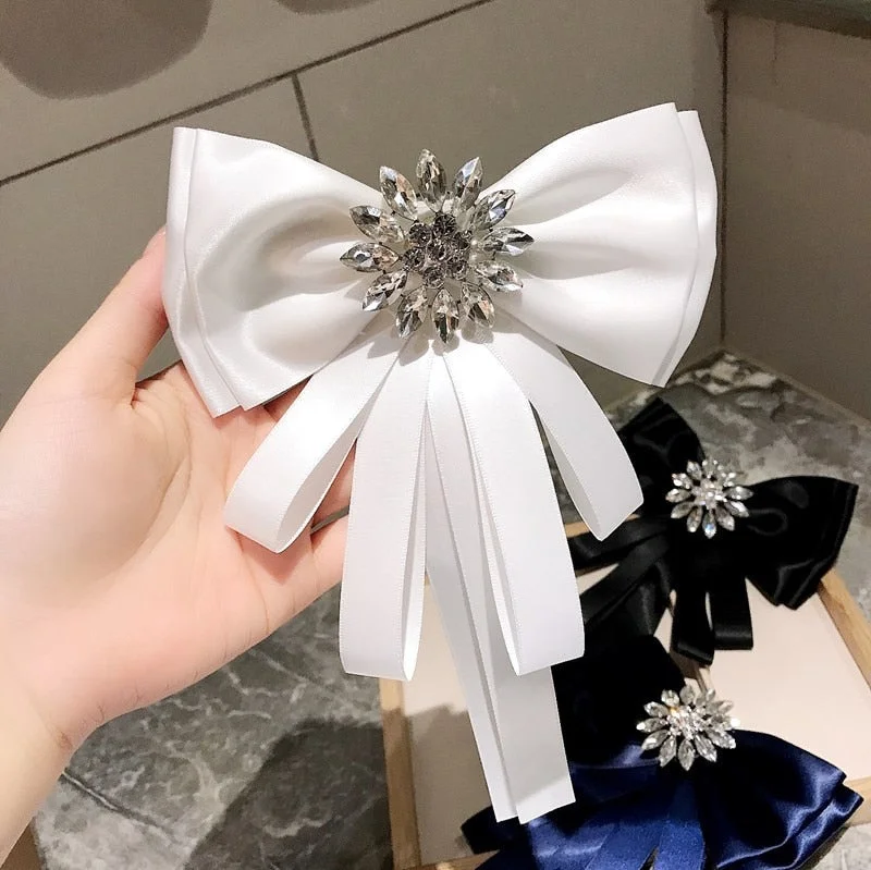 New Exaggerated Big Bow Tie Crystal Satin Collars Flower Long Ribbon Pins Fashion Women's Jewelry Gift