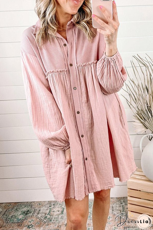 Patchwork Crinkled Puff Sleeve Raw Hem Dress