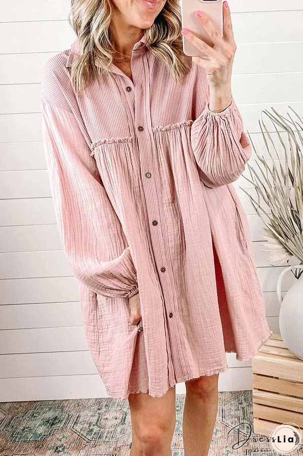 Patchwork Crinkled Puff Sleeve Raw Hem Dress