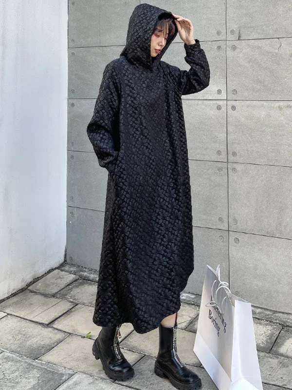 Urban Solid Color Floral Jacquard Hooded Long Sleeves Midi Dress