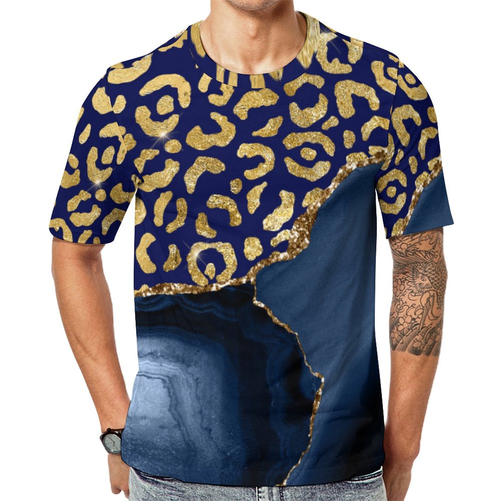 Navy Blue Agate Gold Glitter Leopard Spots Short Sleeve Print Unisex Tshirt Summer Casual Tees for Men and Women Coolcoshirts