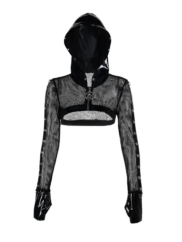 Dark Slim-Fit PU Mesh Printed Hooded Blouse